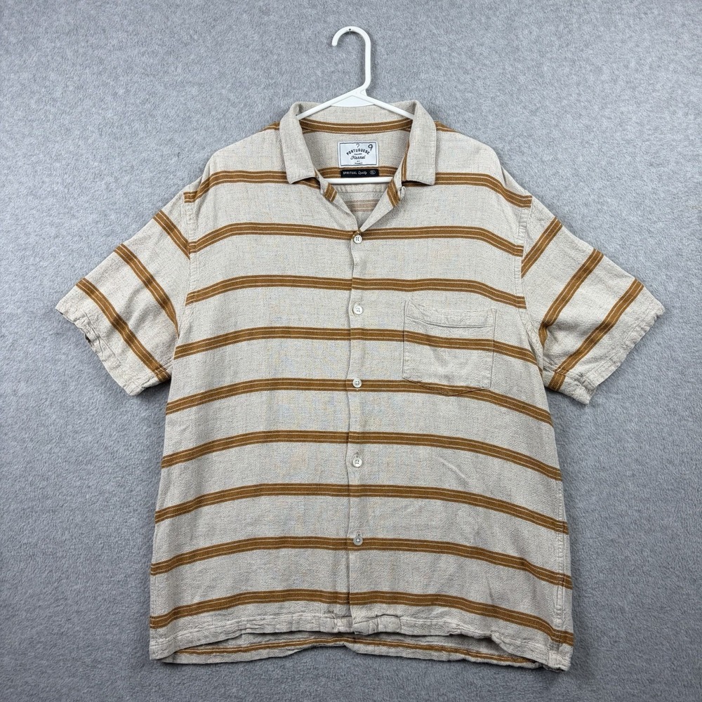 Portuguese Flannel Shirt Mens XL Beige Striped Rayon Linen Camp Loop Collar